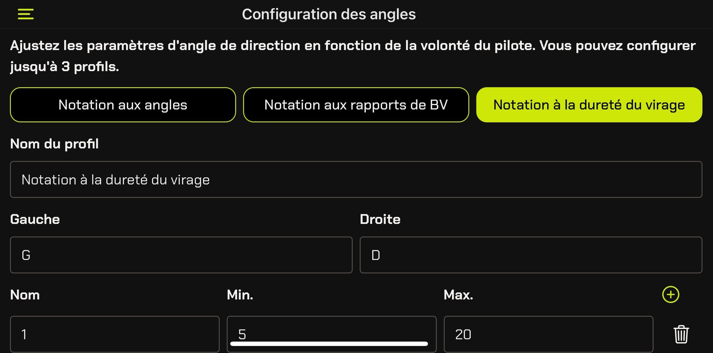Configuration des angles